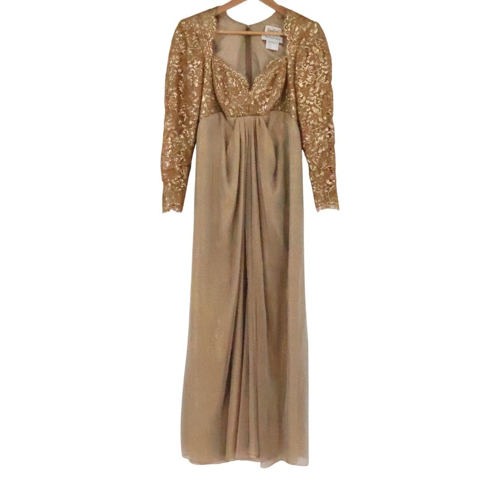 Vintage 70s Gold Lace Empire Waist Maxi Dress Size 4 Regency Romantic Formal